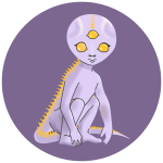 Runder Avatar eines pastelllilanen menschenähnlichen Aliens mit einem langen Reptilienartigen Schwanz mit gelben Stacheln und drei gelben Augen, auf Lilafarbenem Untergrund.