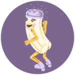 Rundes Avatarbild. Digitale Zeichnung von einem gelben Salzstreuer mit Bartschatten und Augen Makeup, der aussieht als würde er tanzen auf einem lila Hintergrund.